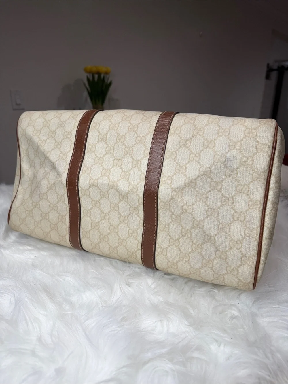 💯Authentic Gucci Beige GG Monogram Duffel with Brown Leather Trim🍀